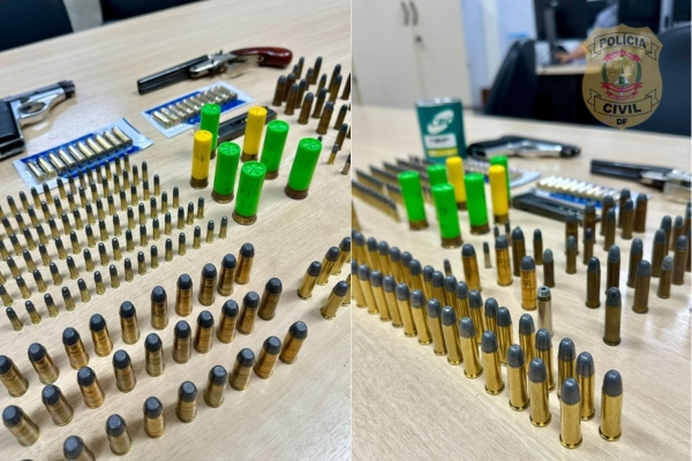 Na casa do agressor, foram encontradas duas armas de fogo e munições de calibres diversos — Foto: Divulgação/PCDF