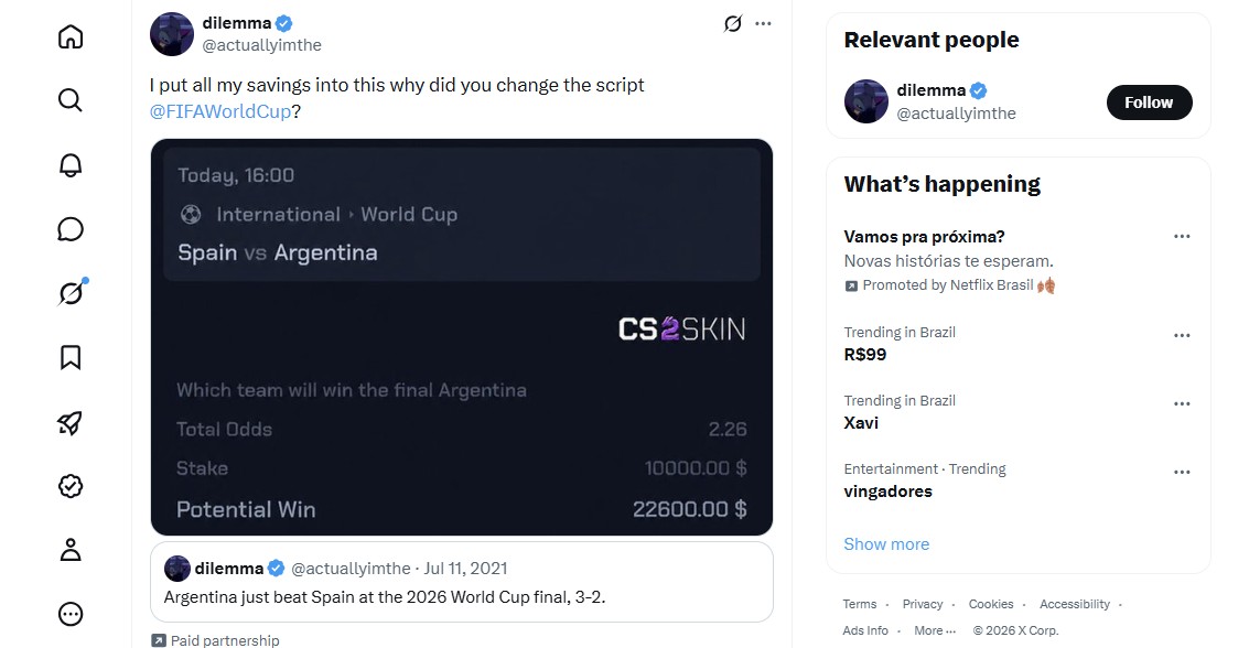 Internauta que previu final da Copa 2026 aposta R$ 50 mil e reclama da FIFA
