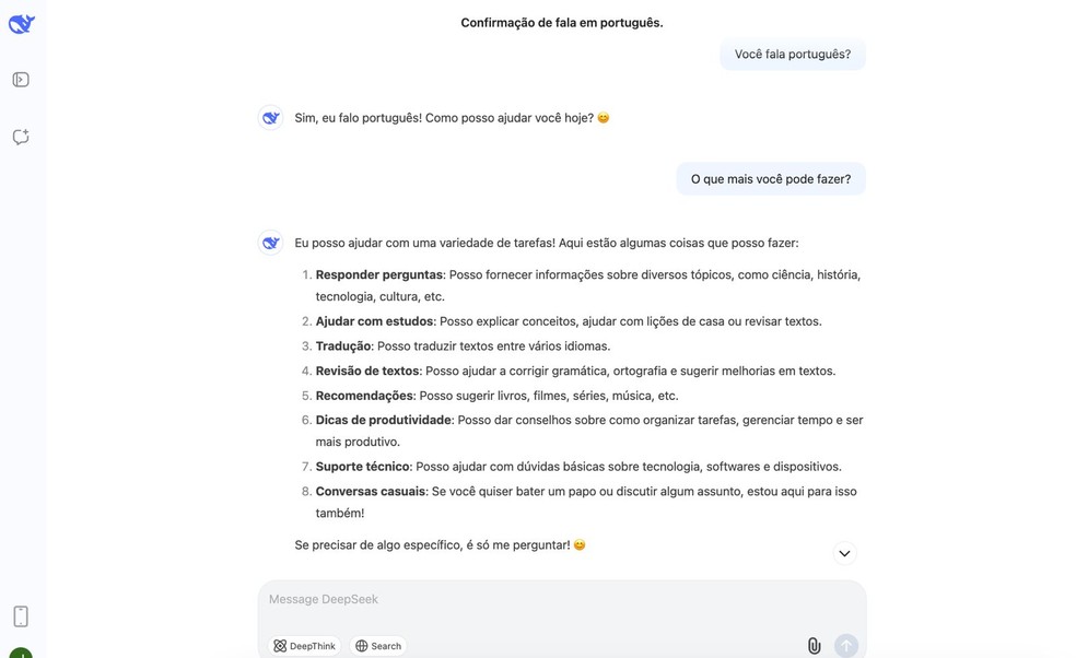 Conversa com a IA — Foto: Reprodução do DeepSeek