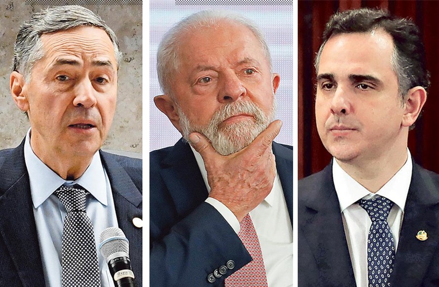 Os presidentes do STF, Luís Roberto Barroso; da República, Lula; e o senador Rodrigo Pacheco
