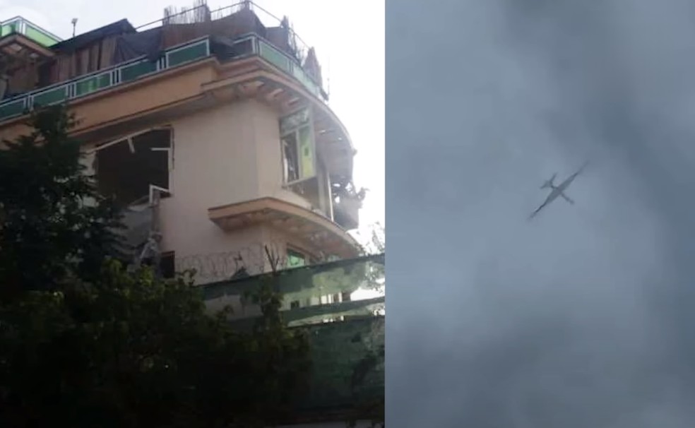Imagem mostra local que foi atingido por disparo e drone que pode ter sido usado no ataque — Foto: Reprodução