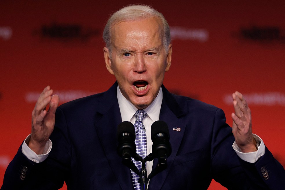 Joe Biden, discursa na conferência legislativa dos Sindicatos de Construção da América do Norte em Washington — Foto: Chip Somodevilla/AFP