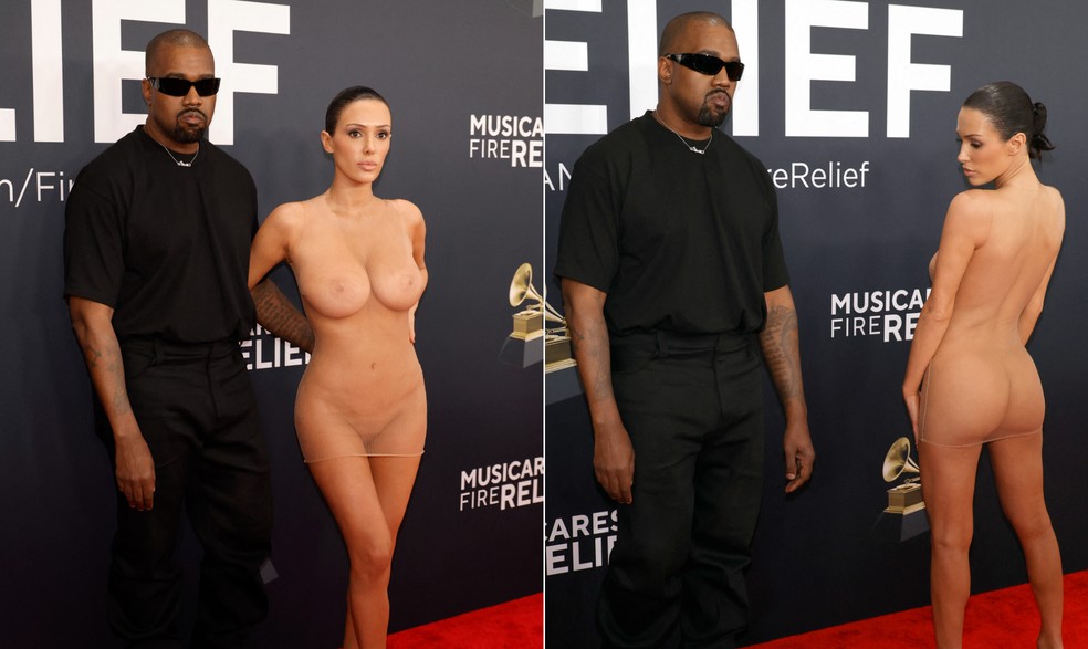 A modelo australiana Bianca Censori posa com um vestido totalmente transparente ao lado do marido, o rapper Kanye West, na cerimônia de premiação do Grammy — Foto: Frazer Harrison/AFP