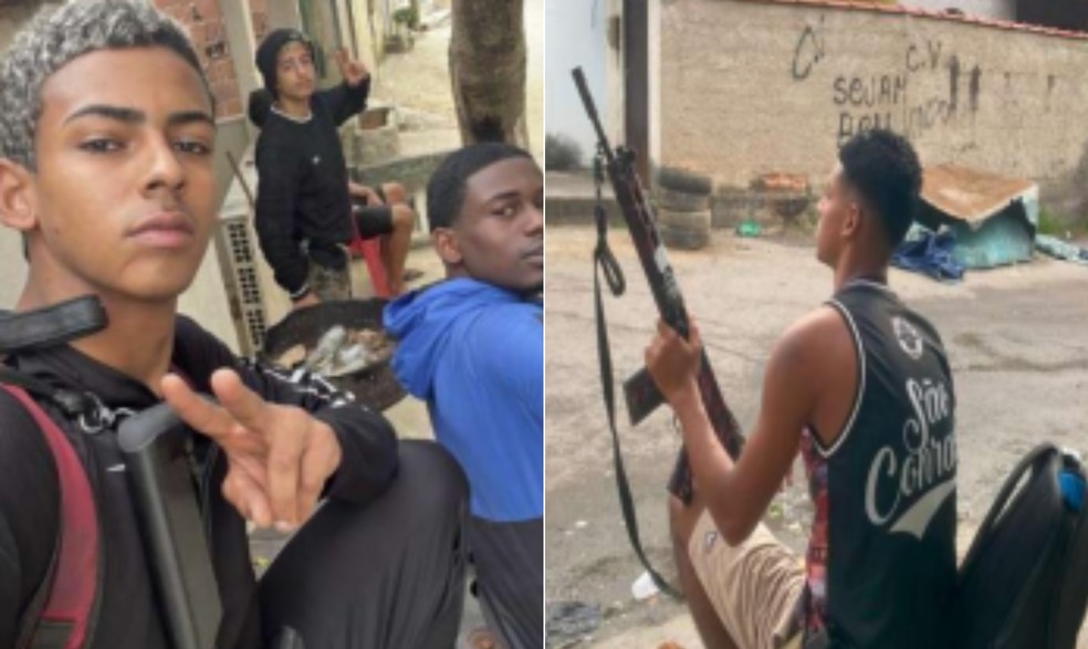 Juan Martins Nunes Santos aparece portando um fuzil em companhia de outros integrantes do Comando Vermelho — Foto: Reprodução