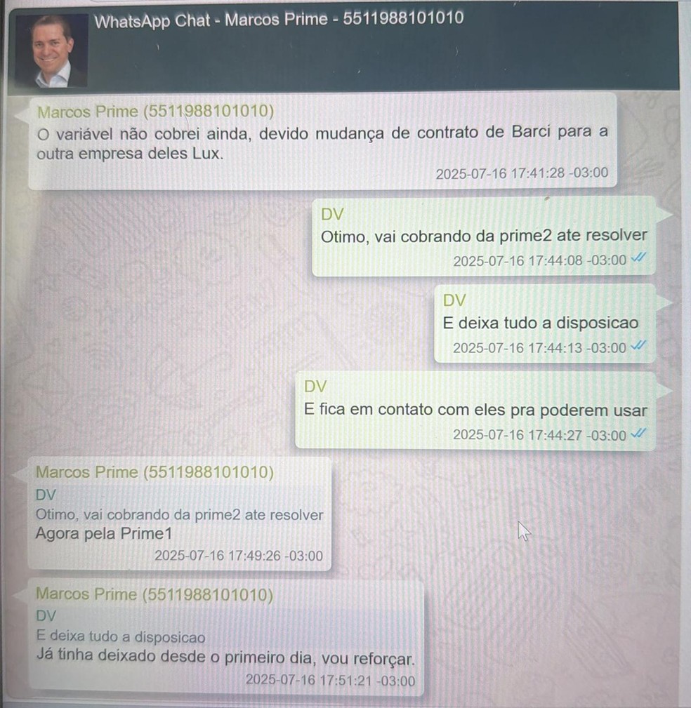 Mensagem entre Vorcaro e Marcos Matta sobre uso de jato por Moraes — Foto: Divulgação