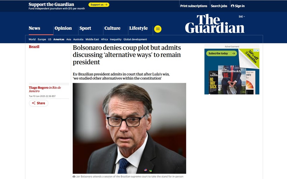 The Guardian destacou em seu site oficial: "Bolsonaro nega plano de golpe, mas admite discutir ‘caminhos alternativos’ para permanecer presidente" — Foto: Reprodução