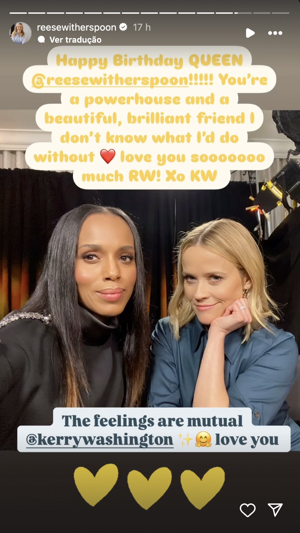 Os parabéns de Kerry Washington ("Django livre") para Reese Witherspoon — Foto: Reprodução/Instagram
