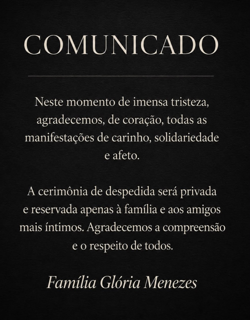 Comunicado da despedida de Glória Menezes — Foto: Reprodução