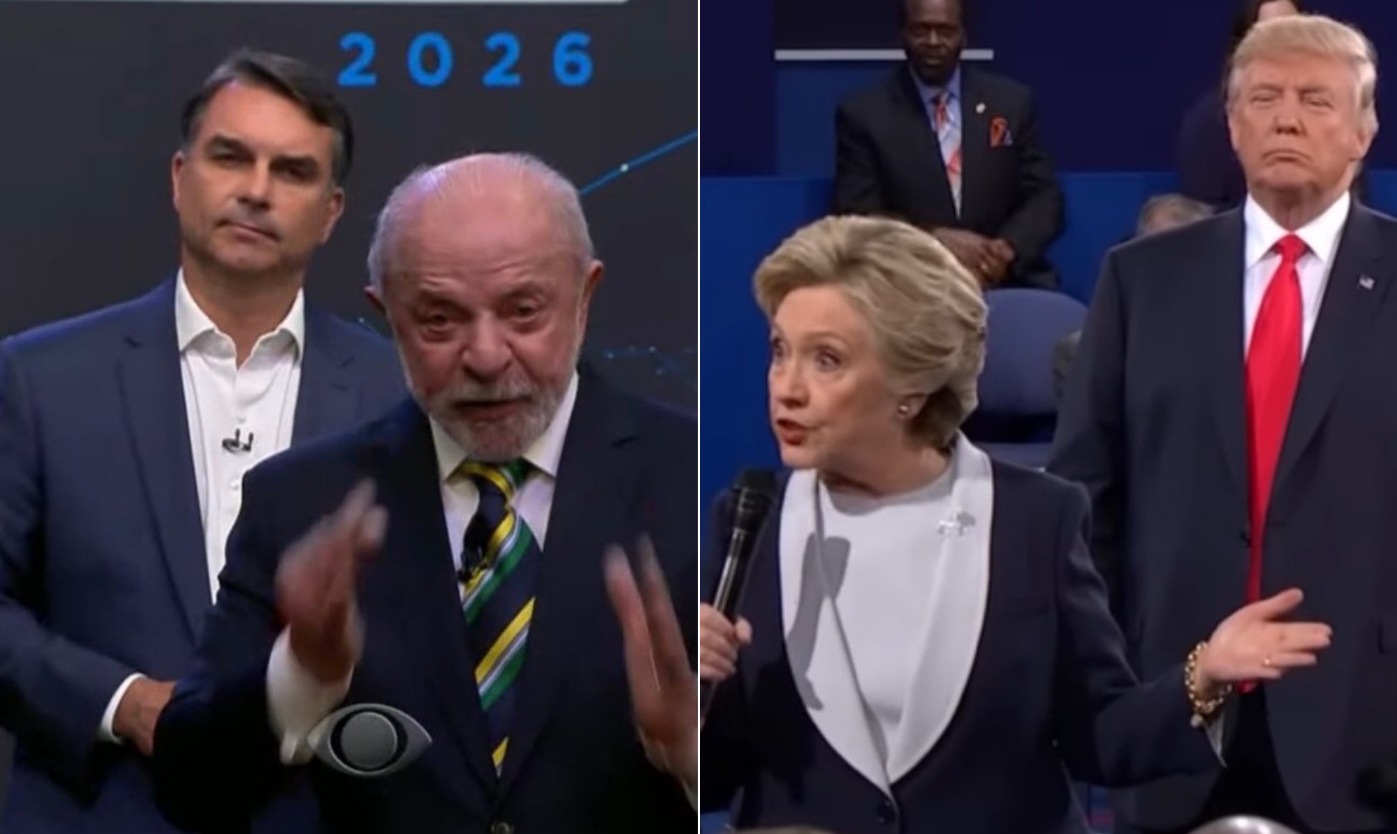 Nas redes, tática de Flávio de se posicionar atrás de Lula é comparada à de Trump em debate com Hillary em 2016