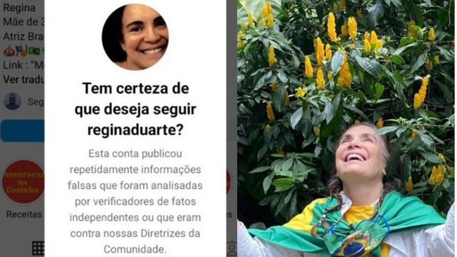 'Tem certeza que deseja seguir Regina Duarte?': Instagram pune perfil da atriz por informações falsas
