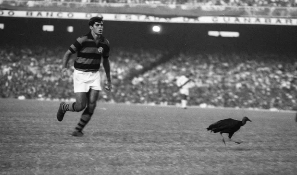 O jogador Guilherme corre para pegar o segundo urubu jogado pela torcida — Foto: Arquivo/Agência O GLOBO