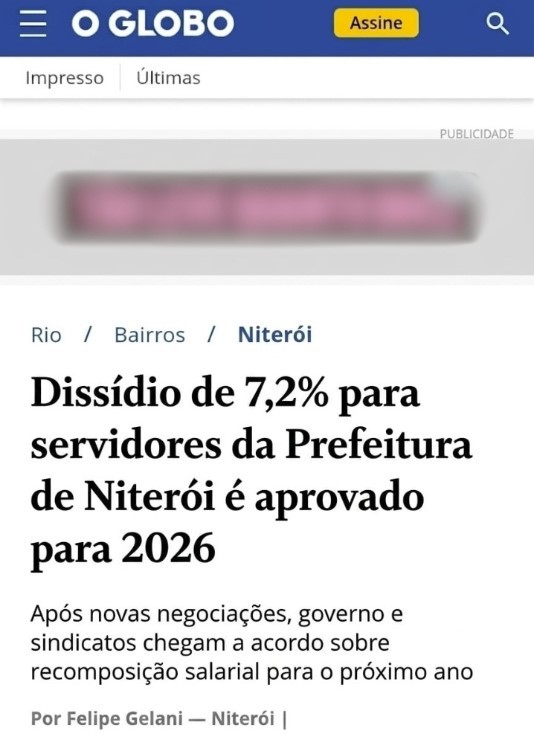 É falsa reportagem atribuída ao GLOBO-Niterói sobre aprovação de dissídio de 7,2% para servidores municipais da cidade em 2026