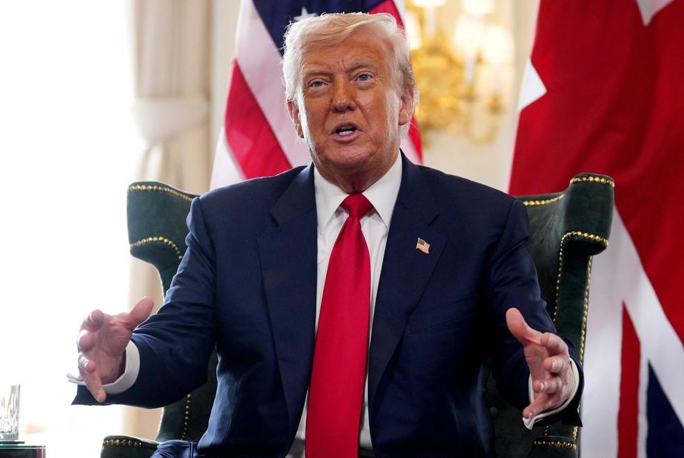 Presidente dos EUA, Donald Trump, em entrevista coletiva na Escócia — Foto: Christopher Furlong / POOL / AFP
