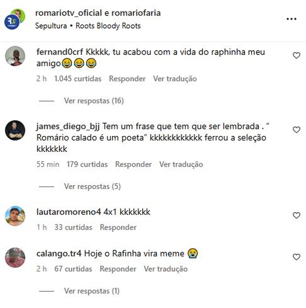 Romário é criticado pela torcida em sua conta no Instagram após derrota do Brasil — Foto: Reprodução