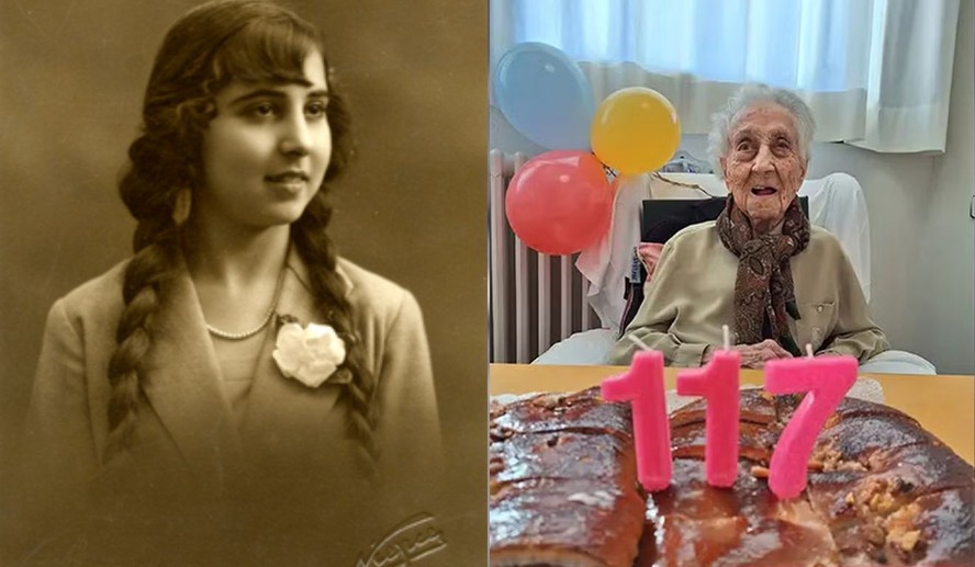 Montagem com Maria Branyas Morera durante a juventude e em seu último aniversário