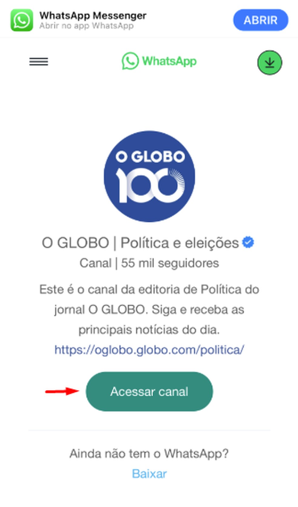 Acessar canal do WhatsApp — Foto: Reprodução