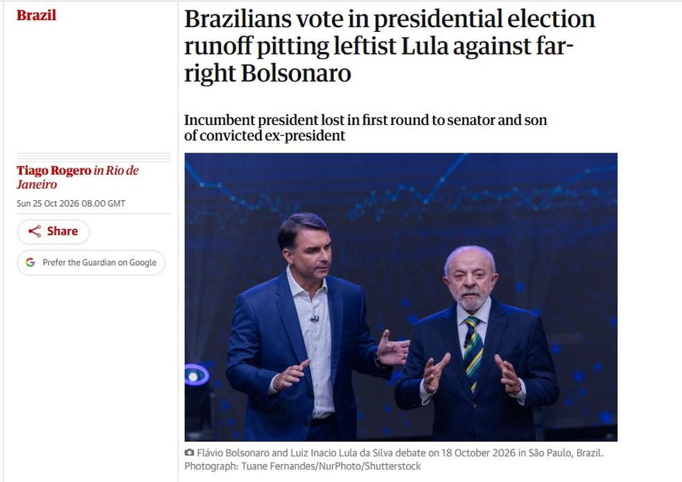 Matéria do Jornal The Guardian destacando as eleições no Brasil neste domingo — Foto: Reprodução/The Guardian