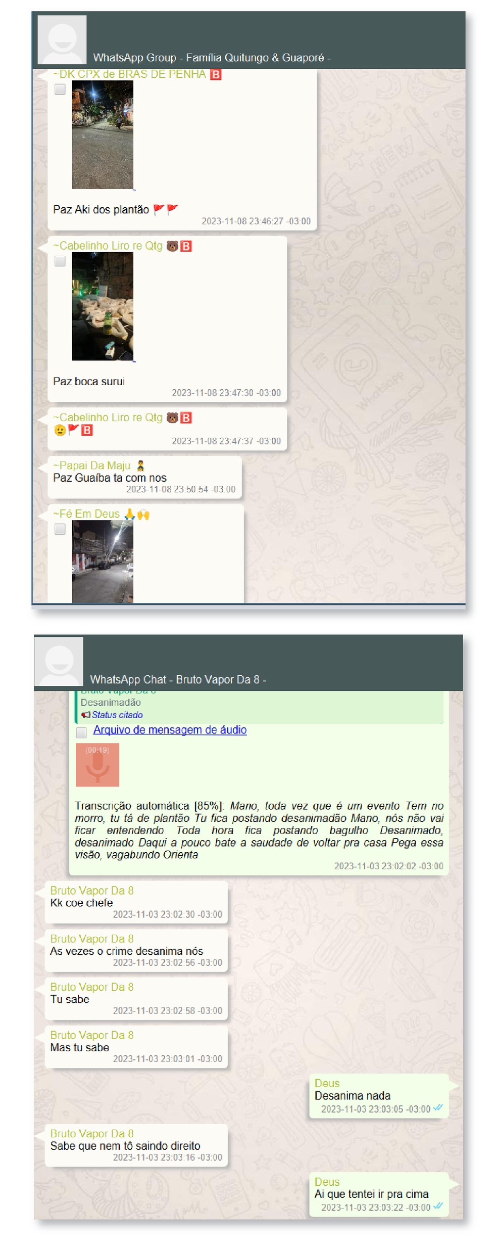 Conversas em grupos de Whatsapp usados por Gardenal para acompanhar o movimento em favelas que controla — Foto: Editoria de Arte