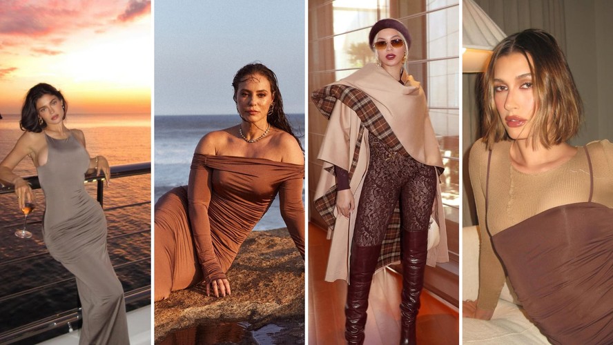 Kylie Jenner, Paolla Oliveira, Beyoncé e Hailey Bieber usando a cor de 2025: Mocha Mousse