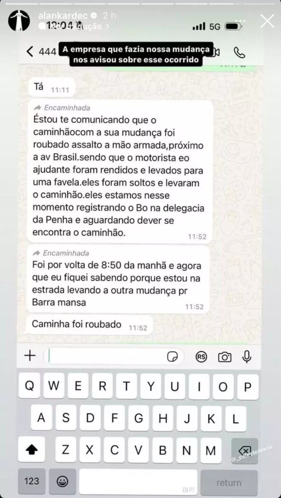Alan Kardec teve seu caminhão de mudança roubado em 2024 — Foto: Reprodução/Redes sociais