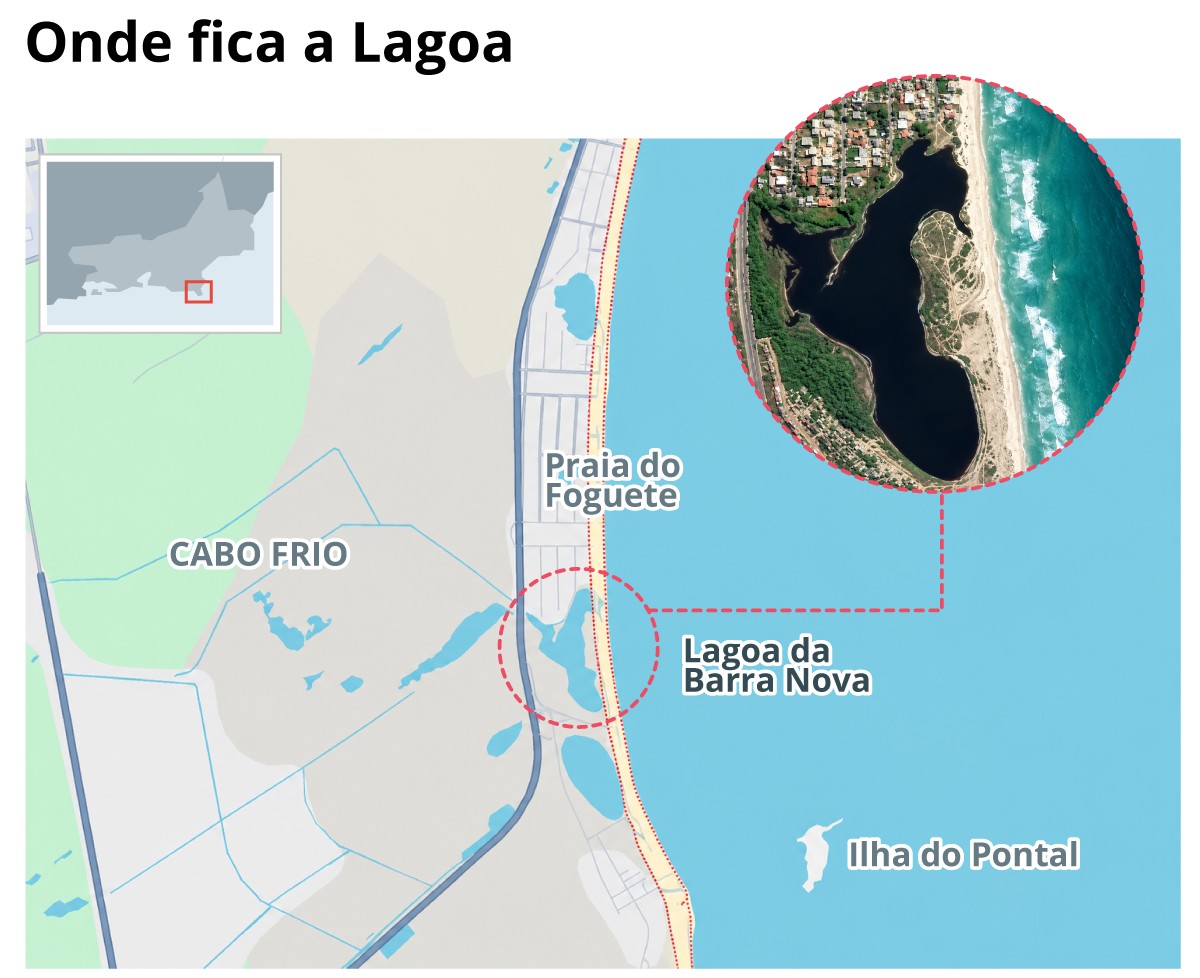 Mar invade lagoa em Cabo Frio após rompimento de barreira de areia; Inea investiga as causas do fenômeno; vídeo