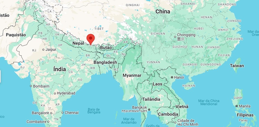 Mapa mostra local do epicentro do terremoto de magnitude 6.8 que atingiu China e Nepal — Foto: Reprodução / Google