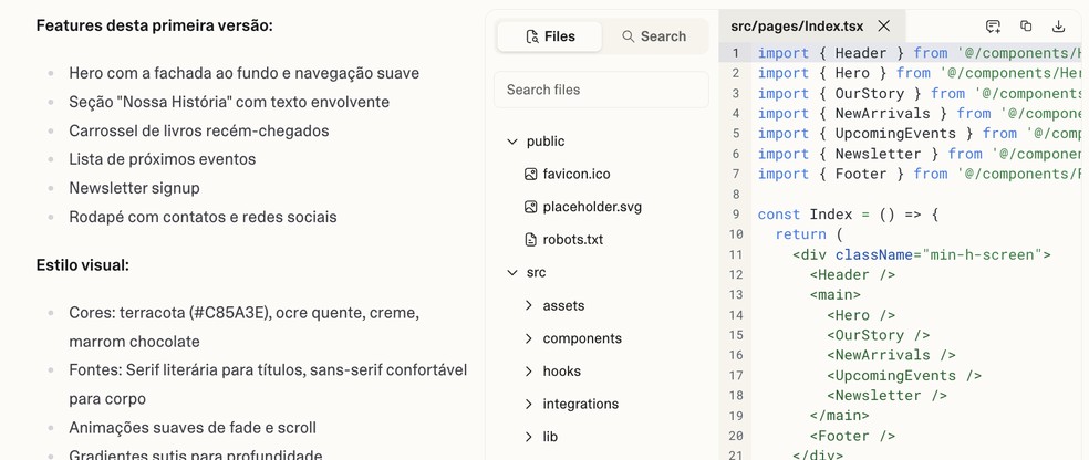 App para criar sites e aplicações transforma pedidos em texto (esq.) em comandos de programação (dir.) — Foto: Reprodução/Lovable