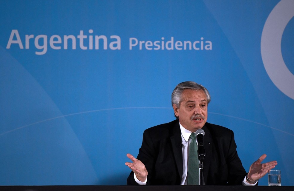 Presidente da Argentina, Alberto Fernández, durante evento em Buenos Aires  — Foto: Luis Robayo/AFP