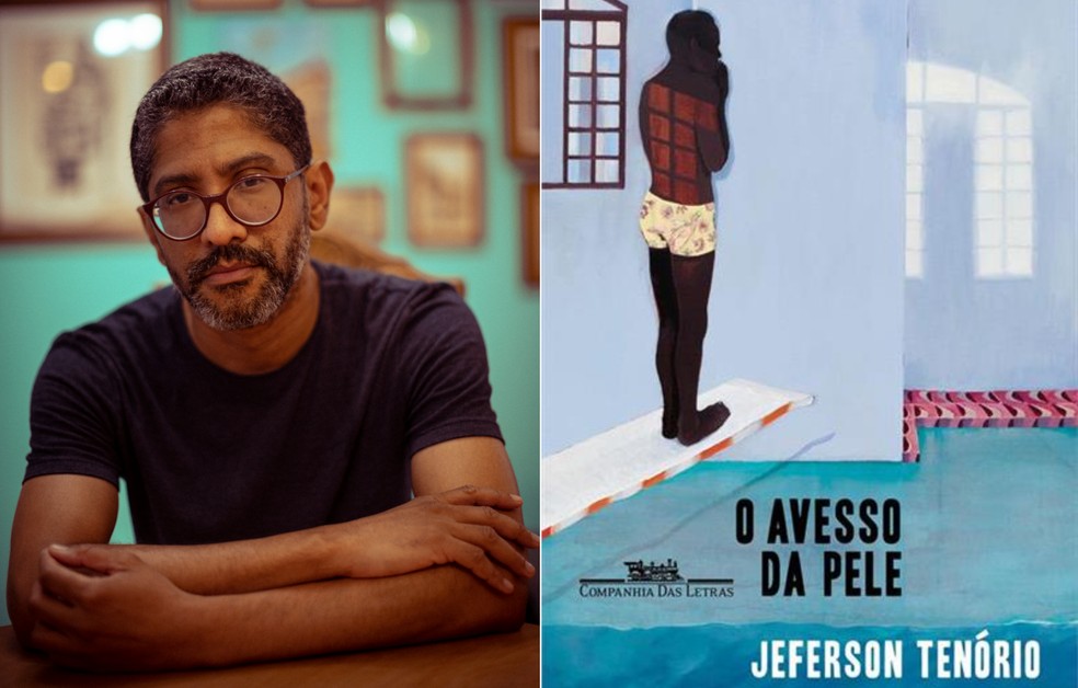 Jeferson Tenório e a capa do livro "O avesso da pele" — Foto: Daniel Marenco e Reprodução