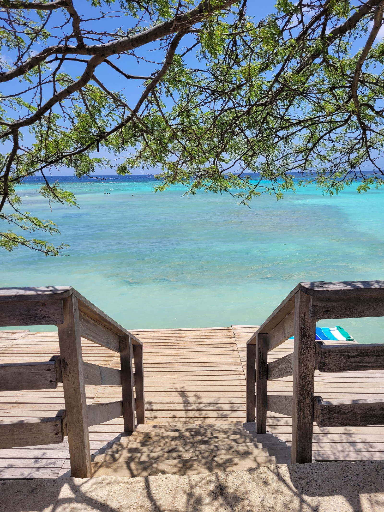 Também na parte sul da ilha de Aruba, Mangel Halto surpreende por quase não ter faixas de areia; banhistas usam plataformas de madeira para entrar na água — Foto: Eduardo Maia / O Globo