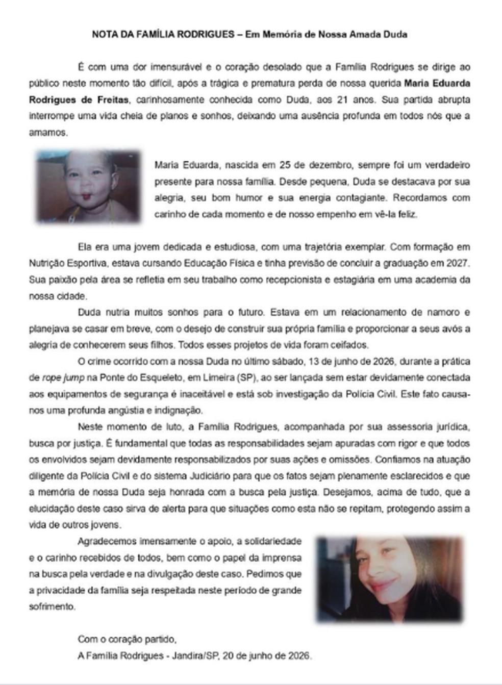Carta da família de Maria Eduarda Rodrigues após morte da jovem lançada sem cordas durante salto de rope jump — Foto: Reprodução/Gazeta de Limeira
