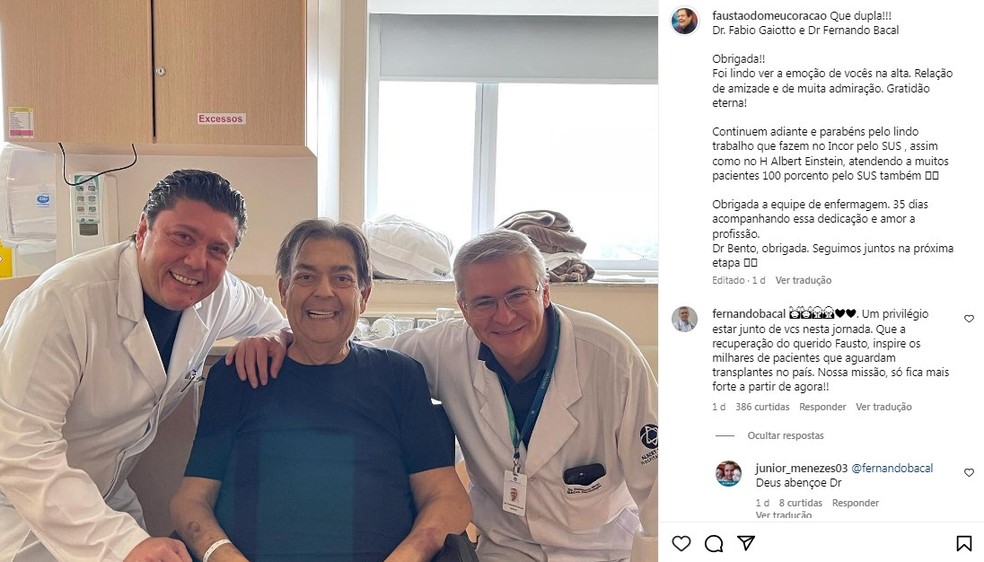 Faustão agradece os médicos Fábio Gaiotto e Fernando Bacal, em rede social — Foto: Reprodução/Instagram