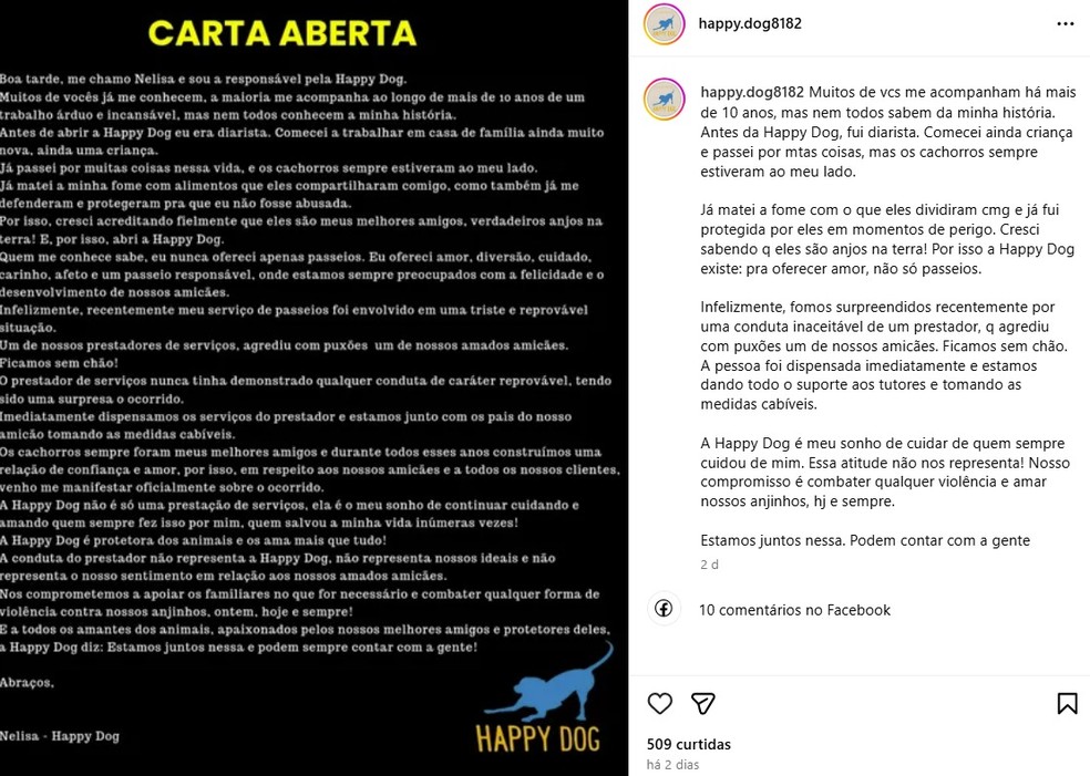 Carta de pronunciamento da Happy Dog — Foto: Reprodução