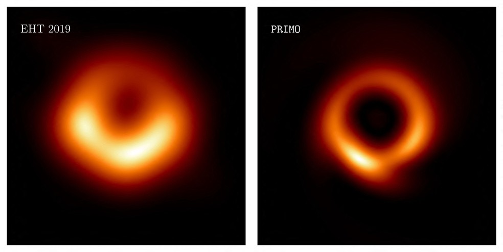 Primeiro registro de um buraco negro divulgado em 2019 (à esquerda) e versão aprimorada por IA divulgada nesta quinta-feira (à direita) — Foto: AFP