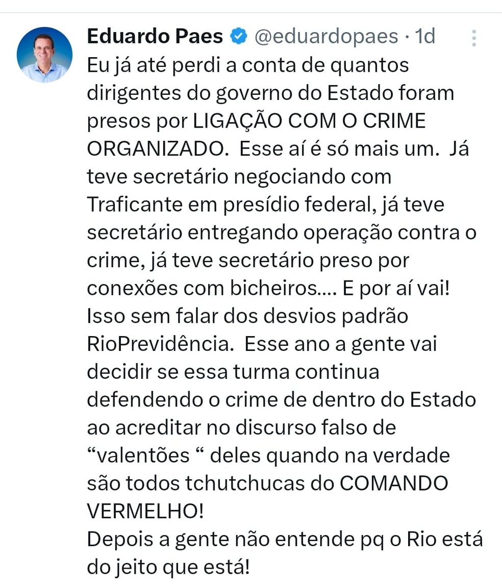 Publicação de Eduardo Paes nas redes — Foto: Reprodução