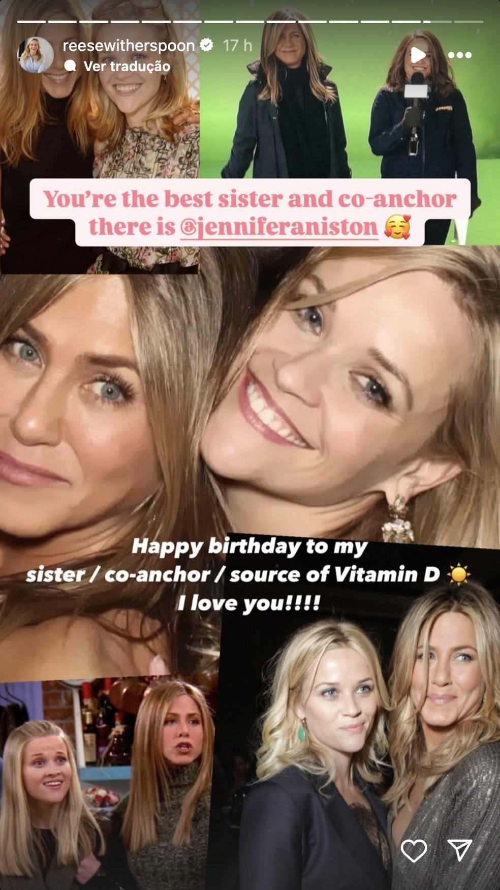 Os parabéns de Jennifer Aniston ("Friends") para Reese Witherspoon — Foto: Reprodução/Instagram
