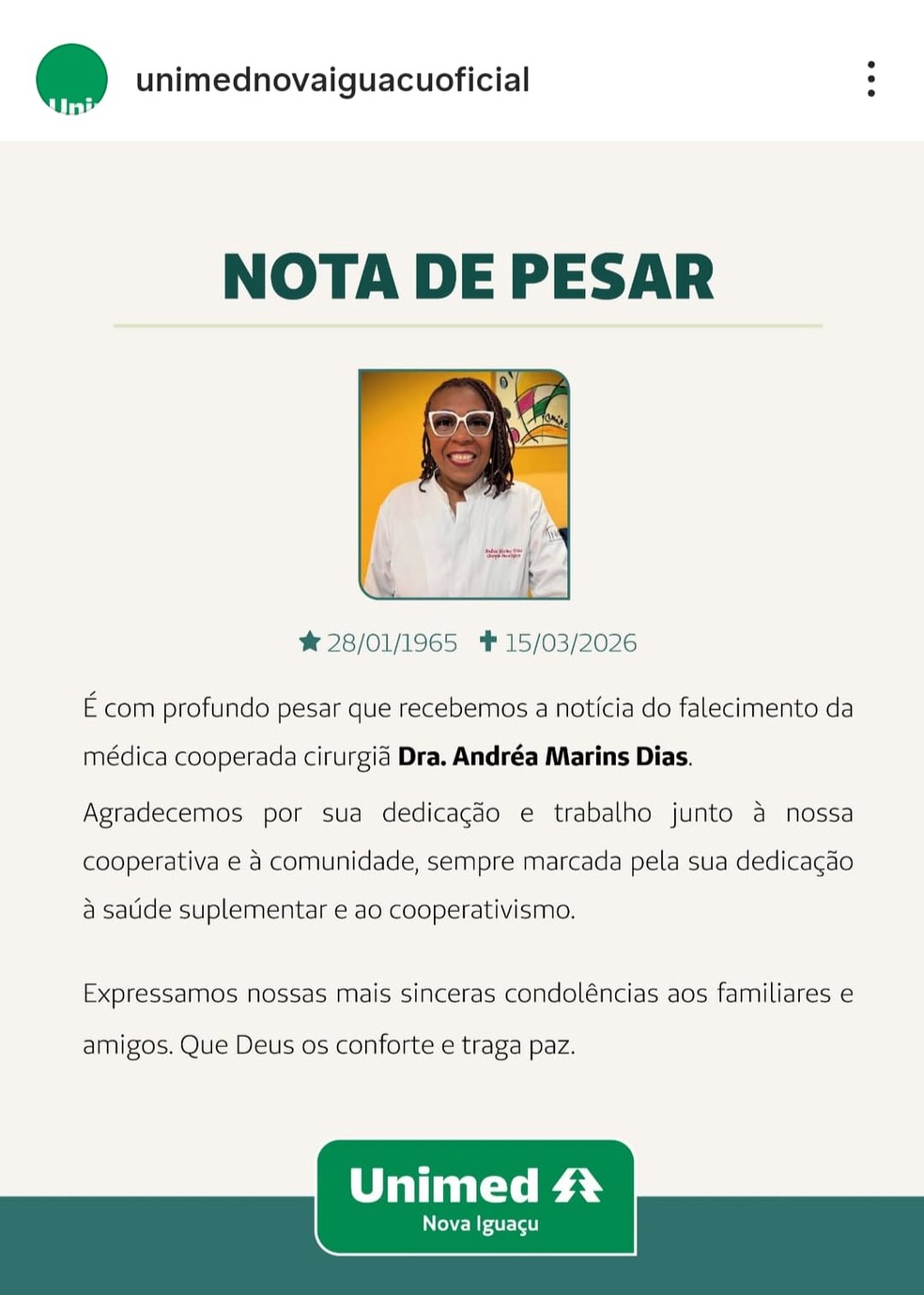 A postagem da Unimed — Foto: Instagram/Reprodução