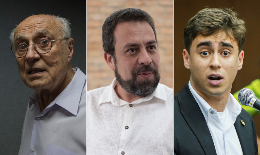 PT vê parlamentares envelhecerem, enquanto PL e PSOL rejuvenescem. Na foto, Eduardo Suplicy, do PT, à esquerda, Guilherme Boulos (PSOL) ao centro e Nikolas Ferreira (PL) à direita