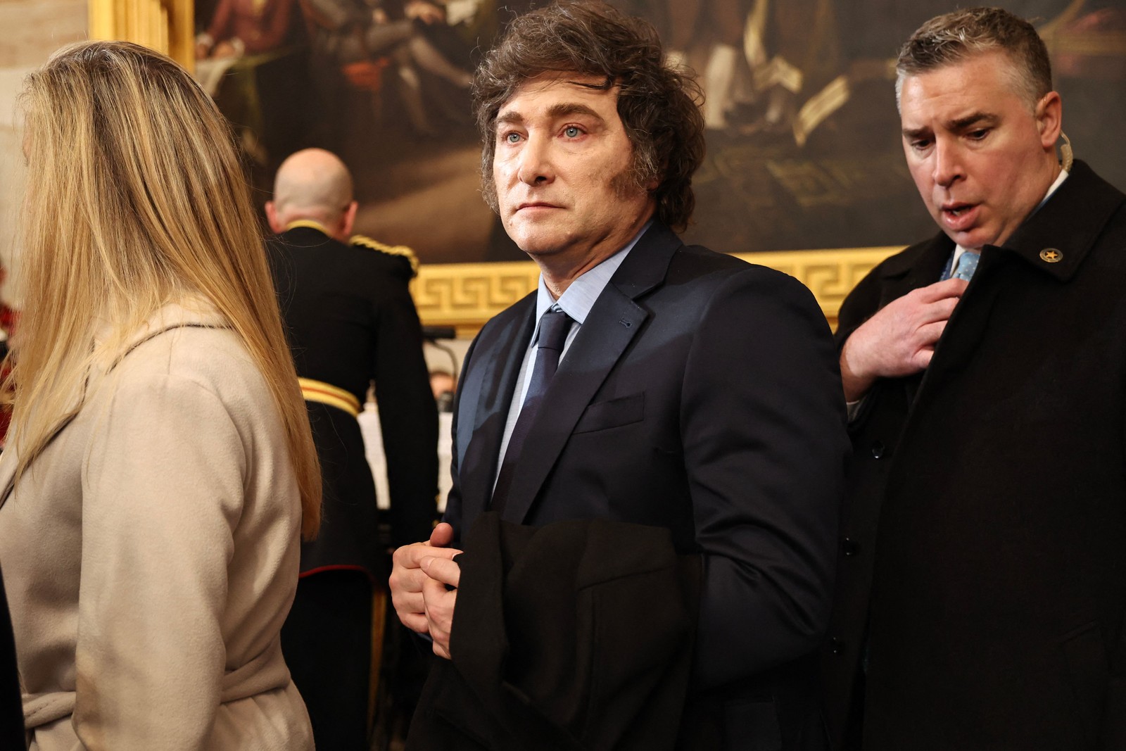 O presidente da Argentina, Javier Milei, durante a cerimônia de posse de Donald Trump, em Washington — Foto: Chip Somodevilla/Getty Images/AFP