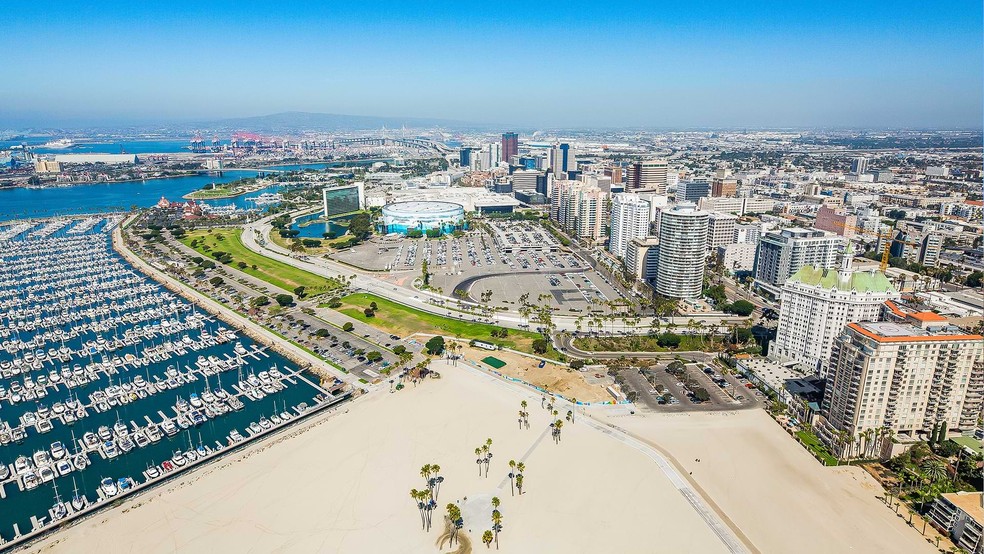 O Waterfront Long Beach vai receber o triatlo e a maratona aquática nos Jogos de Los Angeles-2028 — Foto: Divulgação