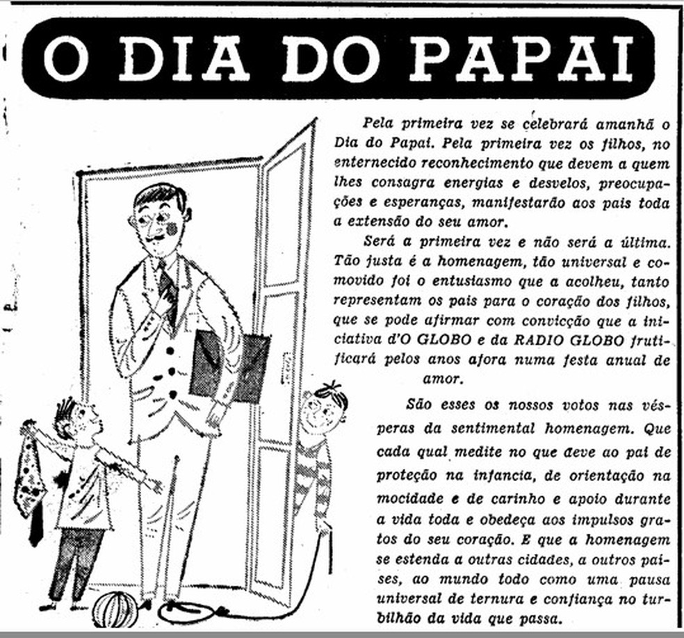 Chamada na primeira página do O GLOBO no dia 15 de agosto de 1953 afirmava que aquele era o primeiro Dia dos Pais, mas não seria o último — Foto: Acervo O GLOBO