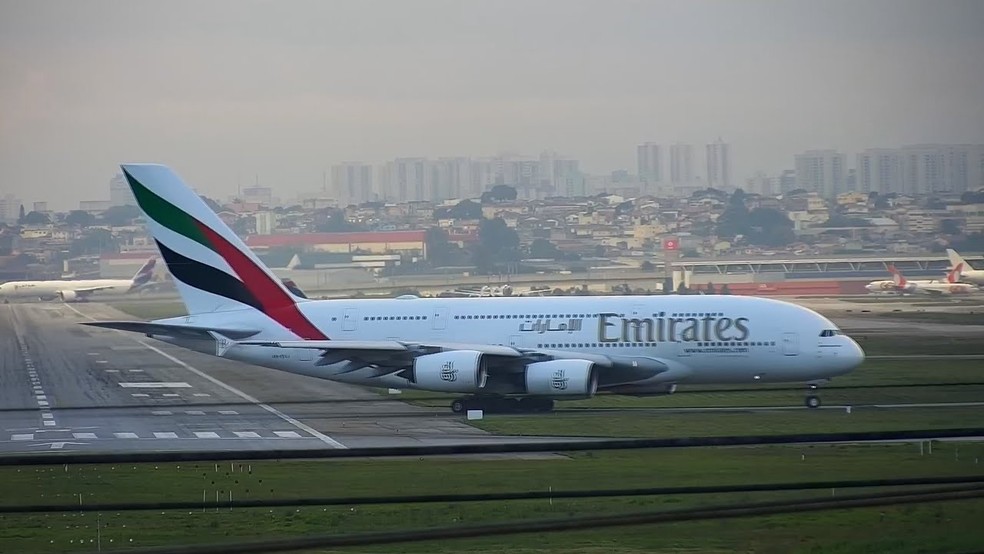 A380 da Emirates em Guarulhos — Foto: Reprodução