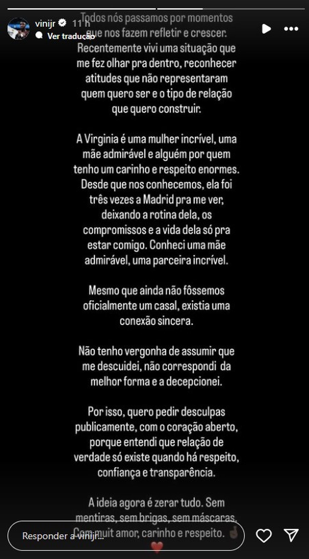 Vini Jr publica pedido de desculpas para Virginia Fonseca, por meio das redes sociais — Foto: Reprodução/Instagram