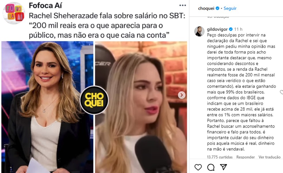 Gil do Vigor reage a fala de Rachel Sheherazade sobre não ter conseguido comprar casa mesmo com salário em torno de R$ 200 mil — Foto: Reprodução: Instagram