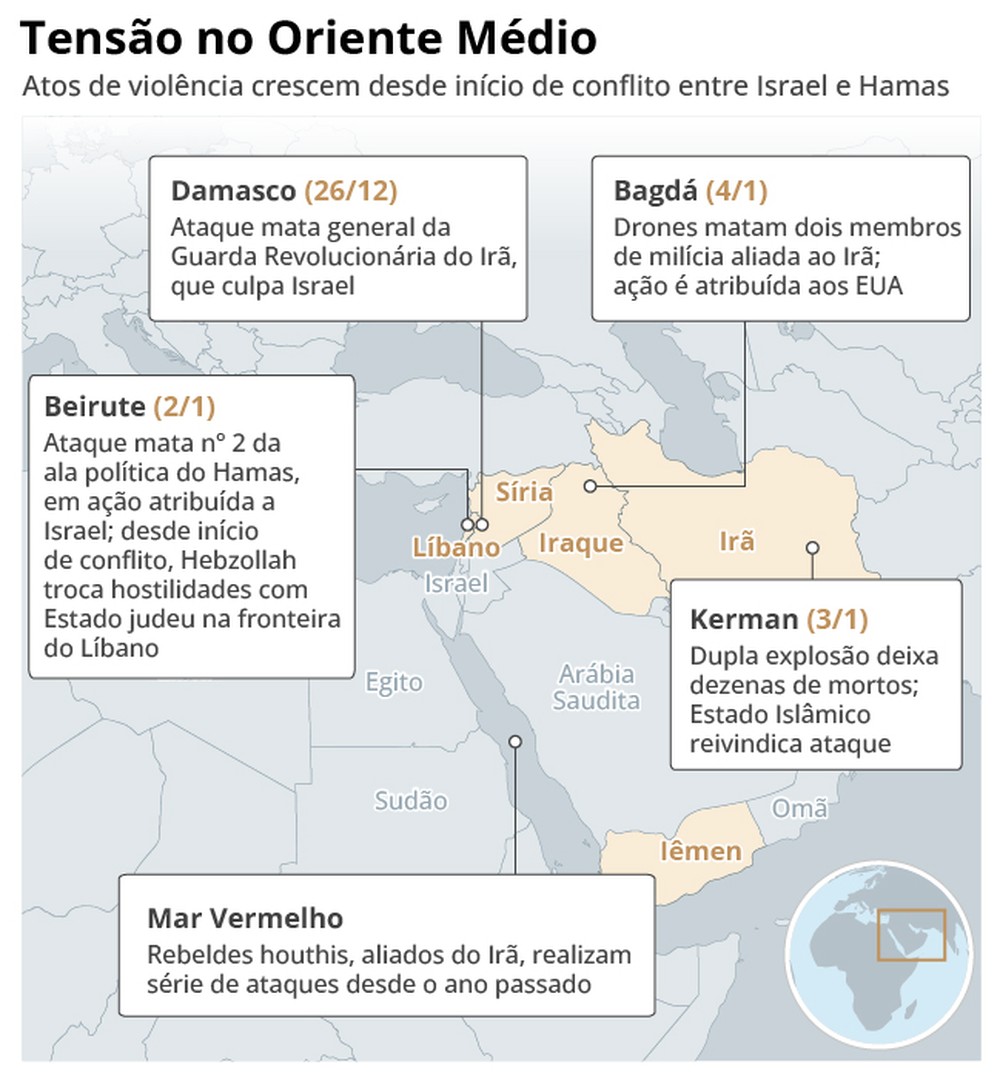 Mapa detalha aumento de tensão no Oriente Médio por conflito entre ...