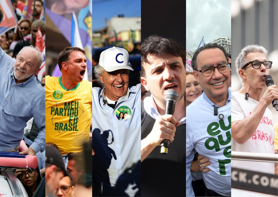 Candidatos a presidente: Lula, Flávio, Caiado, Renan Santos, Cury e Zema