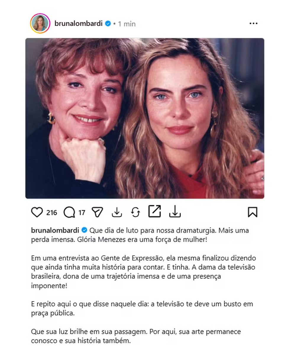 Bruna Lombardi prestou homenagem a Glória Menezes — Foto: Reprodução/ Instagram