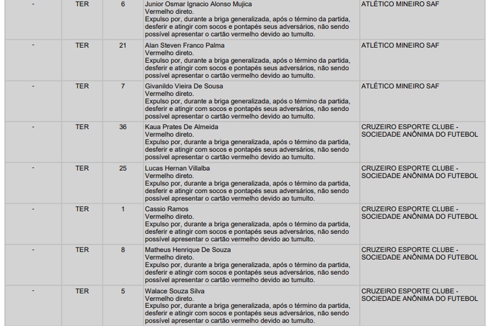 Súmula mostra expulsões — Foto: Reprodução
