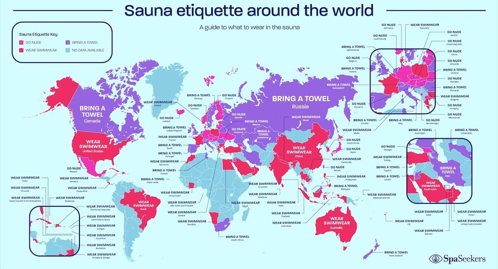 Mapa-múndi do portal SpaSeekers.com mostra a etiqueta para frequentar saunas em cada país do mundo — Foto: Reprodução / SpaSeekers.com