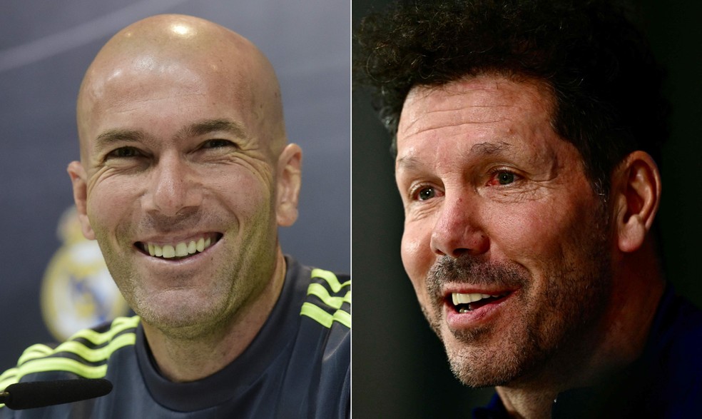 Zinedine Zidane (à esq) e Diego Simeone (à dir) — Foto: JAVIER SORIANO/AFP e Gabriel Bouys/AFP